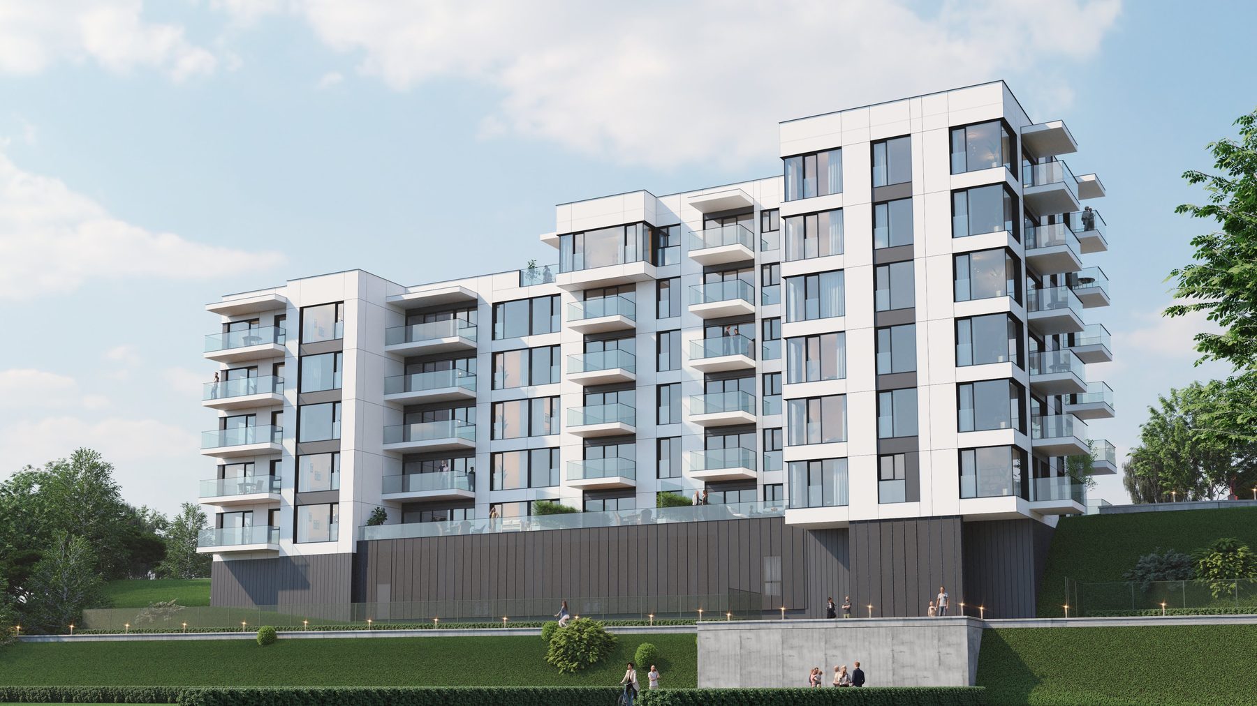 Fațadă modernă CUZA 1 Residence cu balcoane și vitraje ample